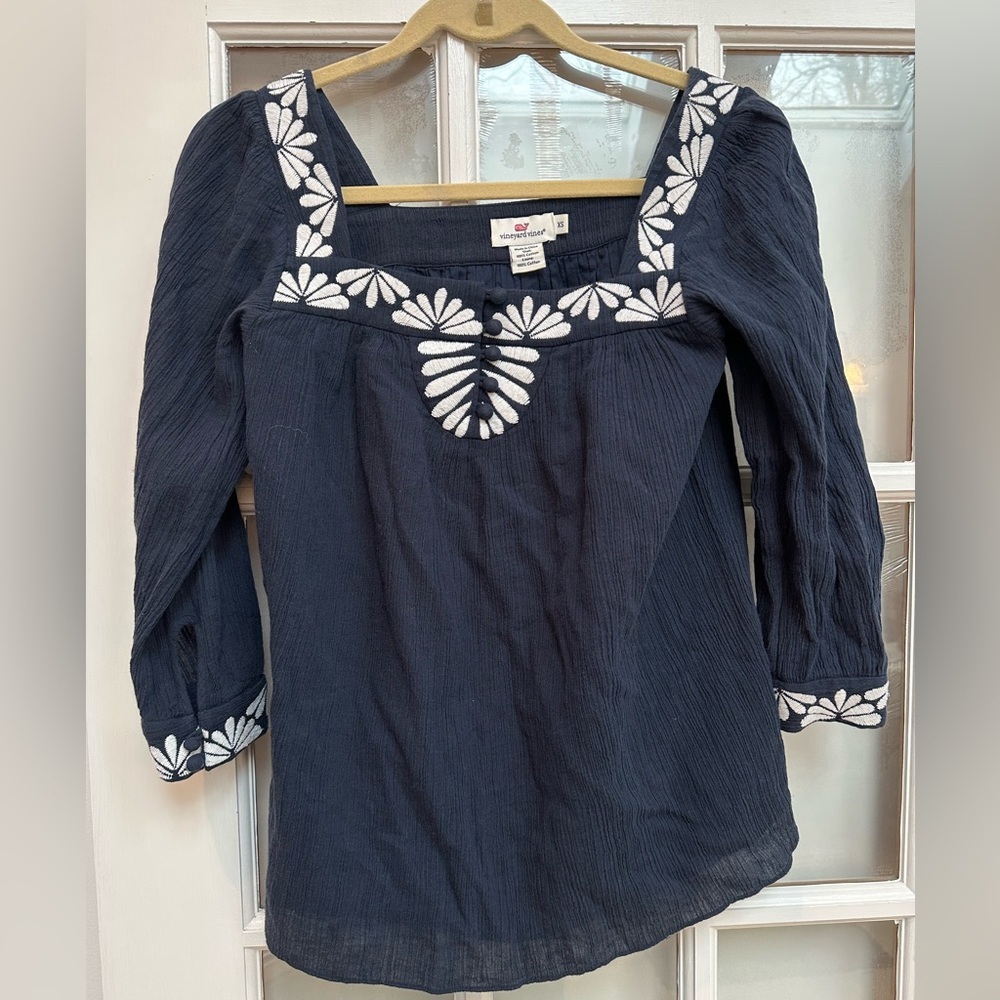 Vineyard Vines Blue White Embroider Square Neck Cotton Crinkle Blouse Size XS